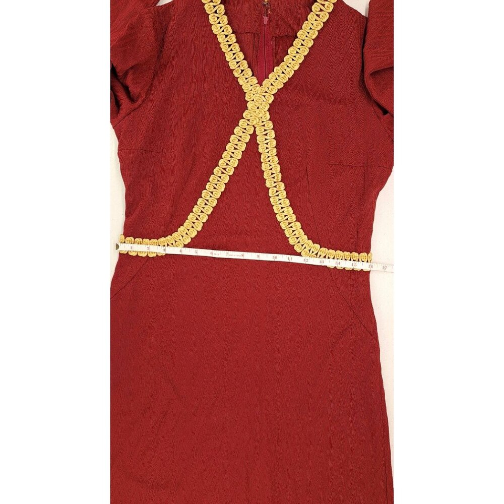Vintage Handmade Maroon Dress Gold Gimp Trim Long Sleeve Chevron Texture Zip 70s - Picture 15 of 16